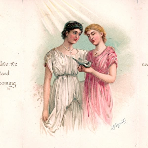 Two women with dove on a New Year card