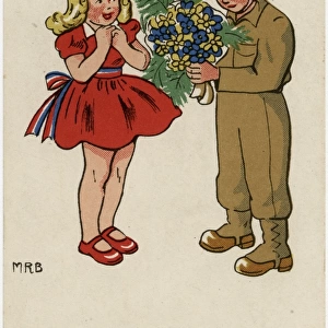 WW2 - American GI presents a French girl with flowers