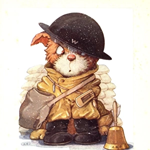 WW2 Christmas card, dog in wardens helmet