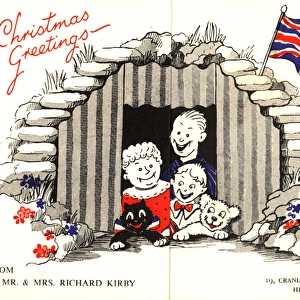WW2 Christmas card, family in air raid shelter