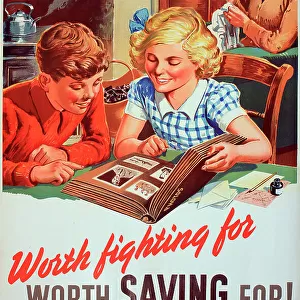 WW2 poster, Worth Fighting For, Worth Saving For! For ways of saving, ask the officer who pays you. National Savings to help the war effort. Date: circa 1940