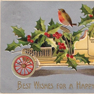 Yellow car with robins and holly on a Christmas postcard