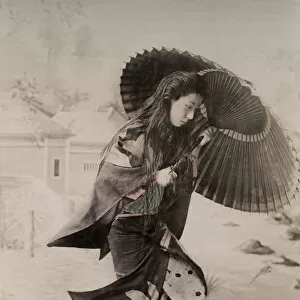 Young Japanese woman, with umbrella and hair down