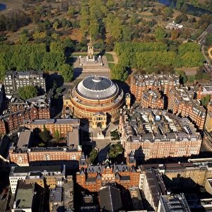 Aerial image of London, England, UK: Royal Albert Hall (an arts venue) and Albert Memorial, Albertopolis, Knightsbridge, City of Westminster