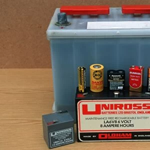 Display of different kinds of batteries including car lead acid dry and lithium cells of various sizes and rechargeables UK