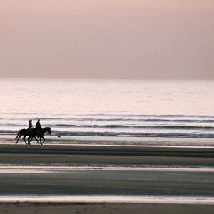 Horse Horseback riding on beach by sunset, Deauville, France