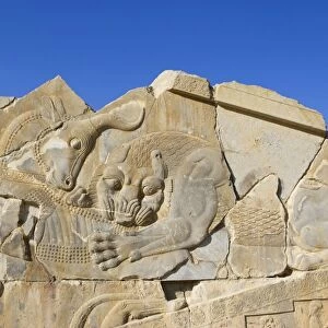 Phases of the Sky carving, Persepolis, Iran. The lion, symbol of the spring, is eating the bull which is the symbol of the winter according to the phases of the stars; the meaning is that spring is appearing