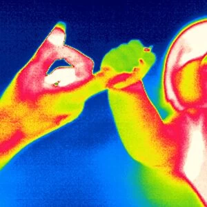 Baby holding parents hand, thermogram