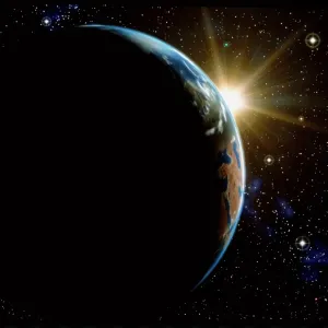 Computer artwork of sunrise over crescent Earth Print Computer artwork of sunrise over crescent Earth Print