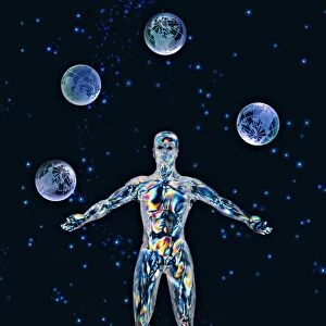 Cosmic man juggling worlds, artwork
