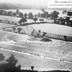 Aerial view of a crashed Zeppelin in an English field, 1918 print Aerial view of a crashed Zeppelin in an English field, 1918 print