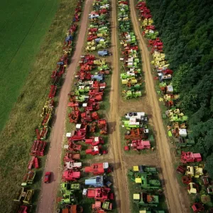Aerial photograph print of combine harvesters in a scrapyard Aerial photograph print of combine harvesters in a scrapyard