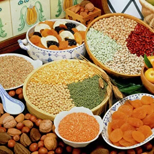 Selection of pulses, nuts and dried & fresh fruits