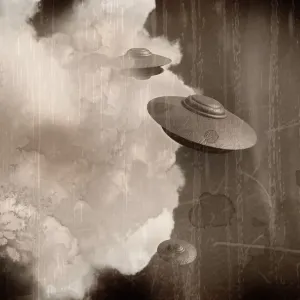 Flying saucer UFOs in cloud print Flying saucer UFOs in cloud print