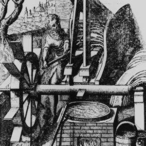 Water wheel powering a machine for making cloth