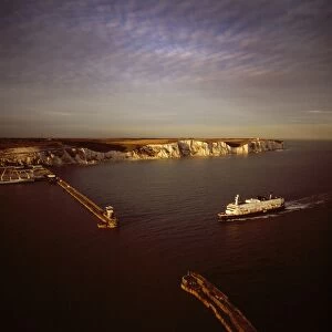 Aerial image of Dover Harbour (Port of Dover), with ferry arriving, Kent