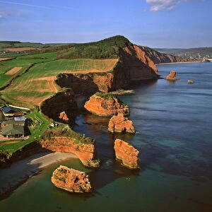 Aerial image of Rock Stacks, Otter Sandstone of Triassic age, Ladram Bay