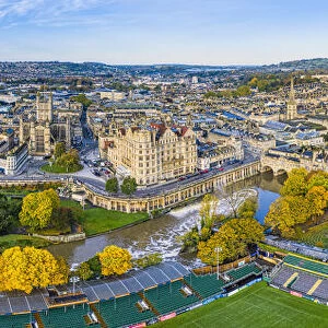 Aerial view by drone of Bath city center and River Avon, Bath, Somerset, England