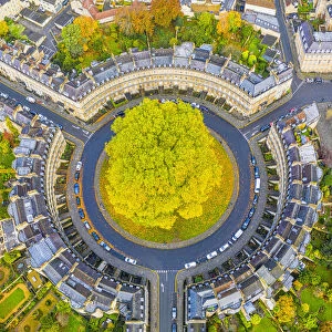 Aerial view by drone over the Georgian housing of The Circus, UNESCO World Heritage Site