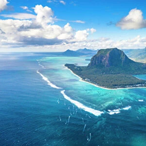 Aerial view of mountain overlooking the ocean, Le Morne Brabant peninsula