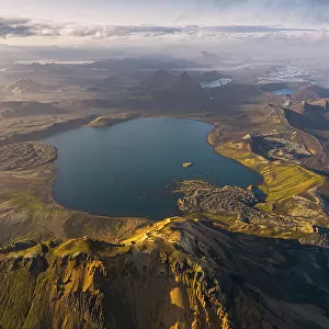 Aerial view taken by drone of natural landscape in Landmannaugar area on a summer day, Iceland, Polar Regions