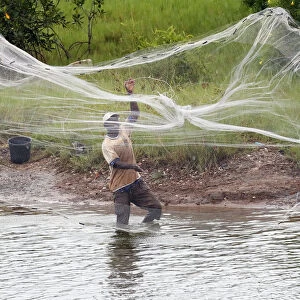 African fisherman throwing net into the river in traditional way, Aneho, Togo