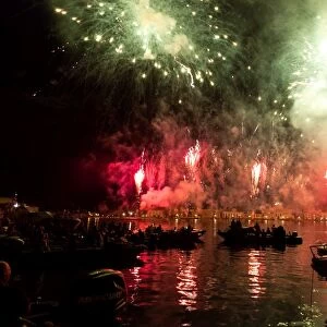 The amazing fireworks display during the night of Redentore celebration in the basin of St. Mark, Venice, Veneto, Italy, Europe