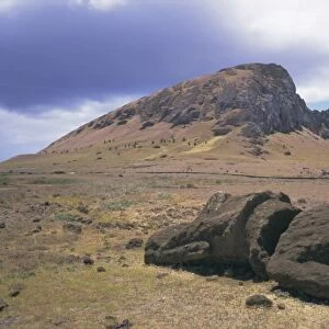 Birthplace of the moai, with numerous heads left on slopes, Volcan Rano Raraku