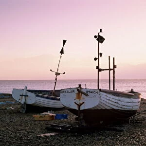 Boats and beach at dawn, Aldeburgh, Suffolk, England, United Kingdom, Europe