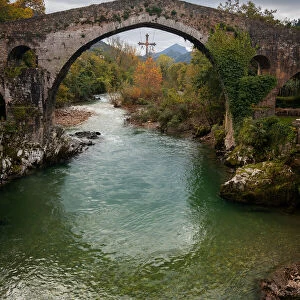 Cangas de Onis historic medieval Roman bridge over the Sella River in Picos de Europa