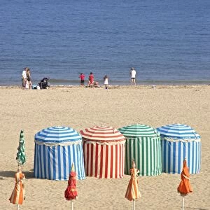 Canvass beach cabins, beach and sea, Trouville sur Mer, Normandy, France, Europe