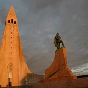 The cathedral of Domkirkjan, lit by the midnight sun, Reykjavik, Iceland, Polar Regions