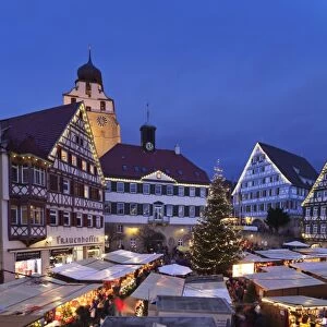 Christmas Fair in the Market Place with Stiftskirche Church, Herrenberg, Boblingen District, Baden Wurttemberg, Germany, Europe