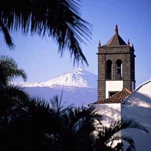 Church tower with Mount Teide behind