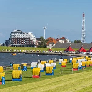 Colourful beach chairs on the beach of Cuxhaven, Lower Saxony, Germany, Europe