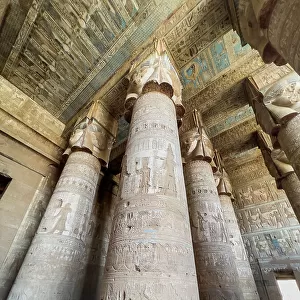 Columns inside the Hypostyle Hall, Temple of Hathor, Dendera Temple complex, Dendera, Egypt, North Africa, Africa