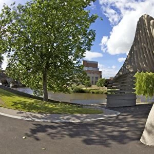 Darwin Statue in Shrewsbury, River Severn and Theatre Severn, Shropshire