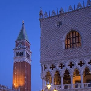 Daybreak view of Piazza San Marco (St. Marks Square) and Campanile with Doges Palace