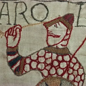La muerte del rey Harold mostrando una flecha en su ojo, Tapestre de Bayeux, Bayeux La muerte del rey Harold mostrando una flecha en su ojo, Tapestre de Bayeux, Bayeux