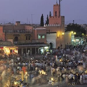 Elevated view over Djemaa el-Fna in the evening when the square is filled with food stalls, Marrakech (Marrakesh), Morocco, North Africa, Africa