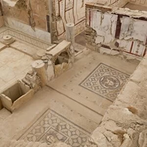 Elevated view of mosaics, murals and frescoes in a Terrace House, Curetes Street, Ephesus, near Kusadasi, Anatolia, Turkey, Asia Minor, Eurasia