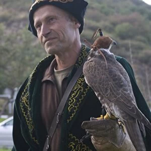 Falconer with a falcon, Sunkar Eagle Farm, Kazakhstan, Central Asia, Asia