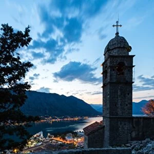 Part of the fortress walls and path above the old town of Kotor during the evening blue hour