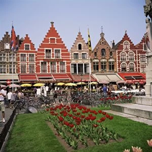 Gabled buildings and restaurants, Bruges, Belgium, Europe