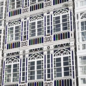 Galerias (glass-fronted balconies) on Marina Avenue, La Coruna City, Galicia
