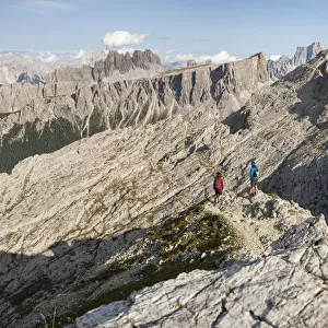 Hiking in typical mountainous terrain of the Dolomites range of the Alps on the Alta