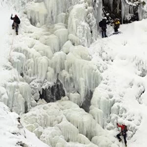 Ice climbing on Grey Mares Tail Waterfall, Moffat Hills, Moffat Dale, Dumfries and Galloway, Scotland, United Kingdom, Europe