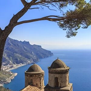 Iconic Amalfi Coast, church and umbrella pine from Villa Rufolo Gardens, Ravello