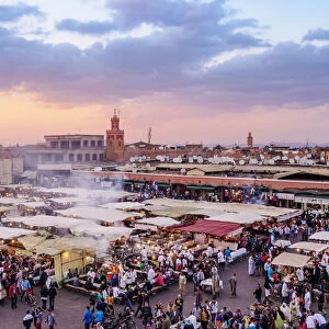 Jemaa el-Fnaa (Jemaa el-Fna) at sunset, square and market in the Old Medina