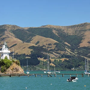 Lighthouse in the Bay of Akaroa, Banks Peninsula, Canterbury, South Island, New Zealand